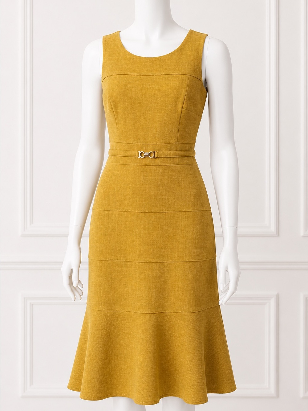 Enfocus Studio Mustard Midi Sleeveless Sheath Dress with Belt Detail